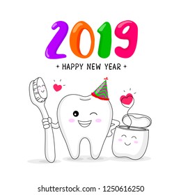 Cute Cartoon Tooth Character With Toothbrush And Dental Floss. Happy New Year, Dental Care Concept. Vector Illustration Isolated On White Background.