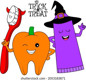 Cute cartoon tooth character with toothbrush and toothpaste in halloween concept. Trick or treat. Dental care concept. Vector illustration.