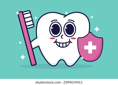 Cute cartoon tooth character with toothbrush and shield vector illustration