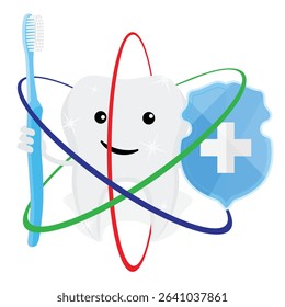 Cute cartoon tooth character with toothbrush and shield with cross. Happy, healthy tooth. Dental care, oral hygiene, orthodontics, dentistry and tooth protection. For kids 