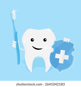 Cute cartoon tooth character with toothbrush and shield with cross. Happy, healthy tooth. Dental care, oral hygiene, orthodontics, dentistry. For kids clinic, medical infographic, toothpaste