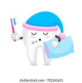Cute cartoon tooth character with toothbrush and pillow. Time to sleep. Dental care concept. Illustration isolated on white background.