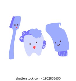 Carácter dietético de dibujos animados con pasta dental y cepillo de dientes. Dientes y protección de la salud, ilustración plana vectorial para diseño dental y estomatológico. Concepto de atención de la salud de dientes dibujados a mano.