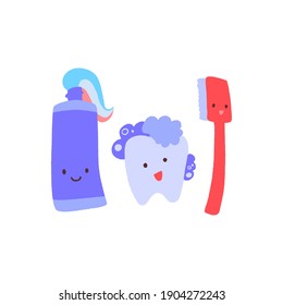 Cute cartoon tooth character with toothpaste and toothbrush. Healthcare tooth and protection, flat vector illustration for dental design. Hand drawn teeth health care concept.