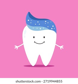 Personagem de dente de desenhos animados bonito com espuma de pasta de dente. Ilustração de vetor adorável