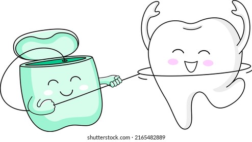 Cute cartoon tooth character using dental floss.  I love floss, dental care concept. Vector Illustration.