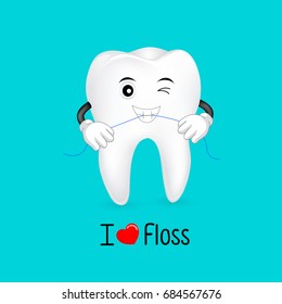 Cute cartoon tooth character using dental floss.  I love floss, great for dental care concept. Illustration isolated on blue background.