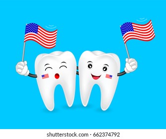 Cute cartoon tooth character waving american flag. Happy Independence Day. Illustration isolated on blue background.