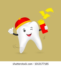 Cute cartoon tooth character wearing Chinese hat. Happy Chinese New Year concept, illustration.