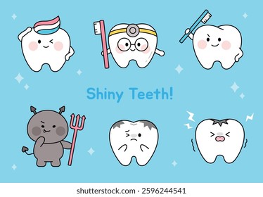 Cute cartoon tooth characters with different expressions and dental care themes. Includes a happy tooth, dentist tooth, cavity tooth, and toothbrush.