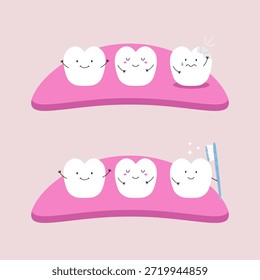 Personagens de dente de desenhos animados bonitos em gengivas para comparar problemas dentários. Ilustração de vetor adorável