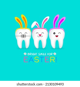 Cute cartoon tooth characters with rabbit ears decoration. Dental care concept. Happy Easter day. Bright smile for easter illustration.