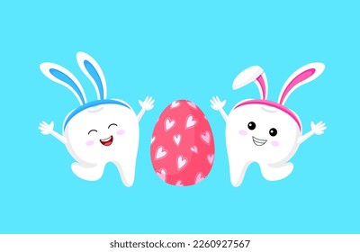 Cute cartoon tooth characters with rabbit ears decoration. Happy Easter concept. Easter egg, vector illustration.