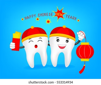 Cute cartoon tooth with  Chinese New Year elements. Illustration isolated on gold background. great for celebrate Chinese New Year.