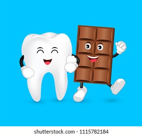  Cute cartoon tooth and Chocolate character with love. Dental care concept. Funny illustration isolated on blue background.