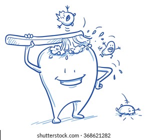 Cute Cartoon Tooth Cleaning Himself With A Brush, Scaring Off The Bacteria. Hand Drawn Line Art Cartoon Vector Illustration.