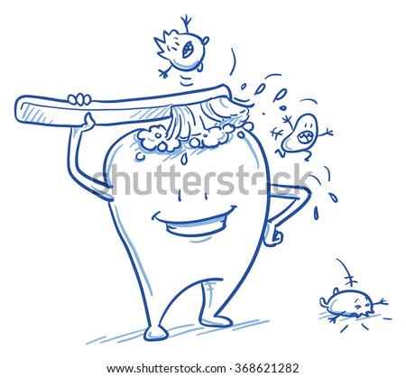 Cute cartoon tooth cleaning himself with a brush, scaring off the bacteria. Hand drawn line art cartoon vector illustration.