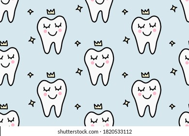 Diente lindo de caricatura con una corona. Concepto de cuidado de la cavidad oral, odontología. El doodle dibujado a mano es un patrón sin fisuras aislado en el fondo blanco. Para su tejido, diseño textil, papel de envoltura o paredes