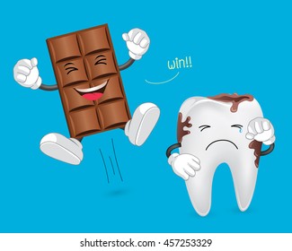 cute cartoon tooth crying and happy chocolate bar, illustration isolated on blue background. Great for health dental care concept