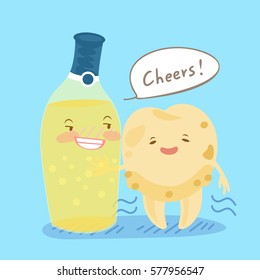 cute cartoon tooth decay with beer for your healthy concept