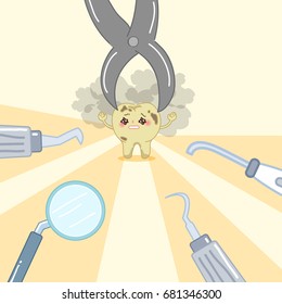 cute cartoon tooth decay feel upset with tools