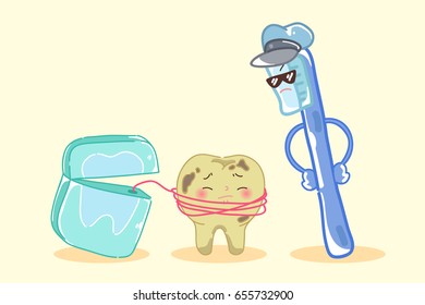 cute cartoon tooth decay with floss and brush