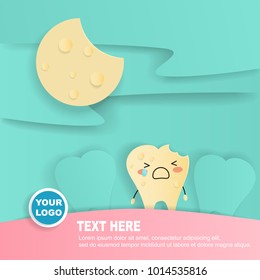cute cartoon tooth with decay problem on the green background