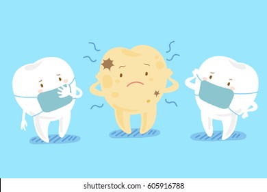 cute cartoon tooth with decay problem on blue background