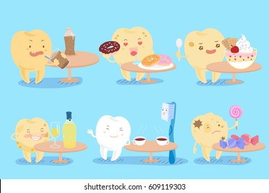 cute cartoon tooth with decay problem on blue background