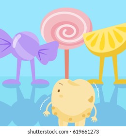 cute cartoon tooth with decay problem on the blue background