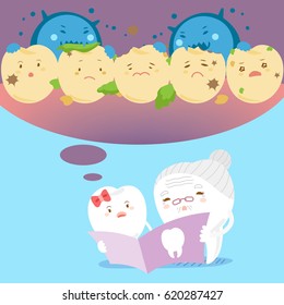 cute cartoon tooth with decay problem on blue background