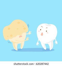cute cartoon tooth with decay problem on the blue background