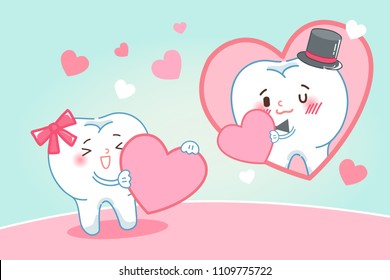 cute cartoon tooth with dental care on the green background