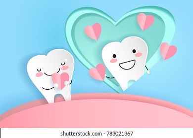 cute cartoon tooth with dental care on the green background