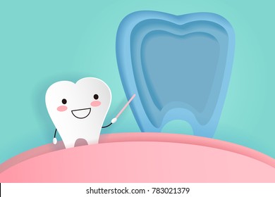 cute cartoon tooth with dental care on the green background