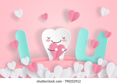 cute cartoon tooth with dental care on the pink background