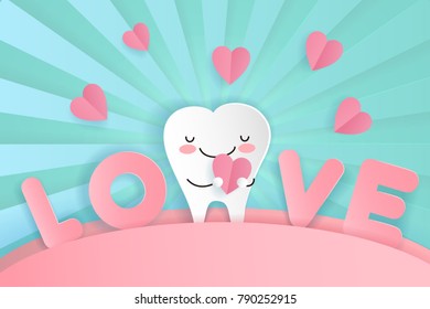 cute cartoon tooth with dental care on the green background