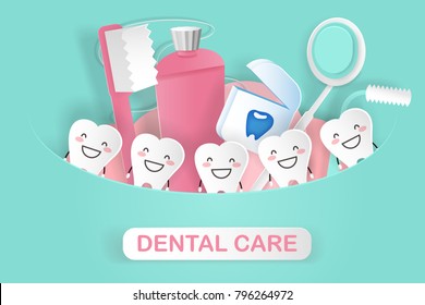 cute cartoon tooth with dental care concept on the green background