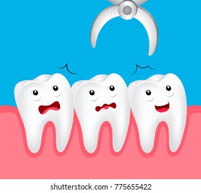 Cute cartoon tooth dental extraction, removal of tooth. Dental problem concept, illustration.