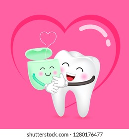 Cute cartoon tooth and dental floss in love. Dental care concept. Happy valentine's day. Illustration with background of heart.