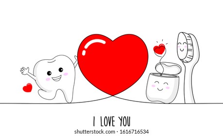 Cute cartoon tooth with dental floss and toothbrush in love. Dental care concept. Happy valentine's day. Cartoon character design. Vector illustration isolated on white background.