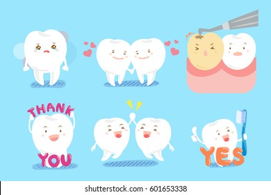 cute cartoon tooth with different emotion on blue background