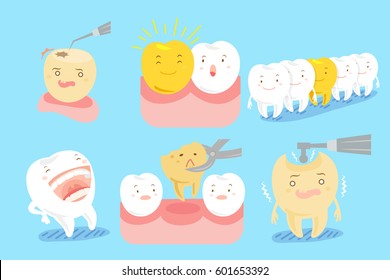 cute cartoon tooth with different emotion on blue background