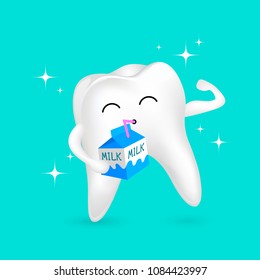 Cute cartoon tooth drinking milk. friends forever. Milk is good for teeth.  Dental care concept. Illustration isolated on green background.