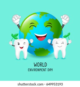 Cute cartoon tooth with earth character. World environment day concept. Dental care illustration isolated on green background.