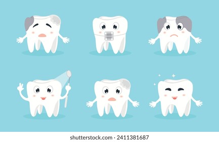 Cute cartoon tooth emoticons set. Cute tooth with different facial expressions. Dentist office, dental healthcare concept, oral hygiene. Orthodontics clinic vector illustration.