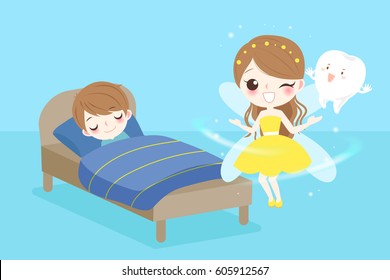 Cute Cartoon Tooth Fairy With Boy Sleeping On The Bad