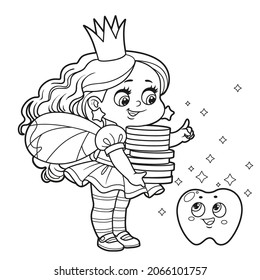 Cute cartoon tooth fairy explains to a small tooth what one coin is for one tooth outlined for coloring on white background