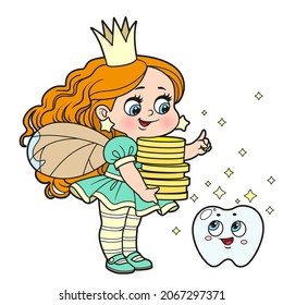 Cute cartoon tooth fairy explains to a small tooth what one coin is for one tooth color variation for coloring page on white background