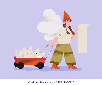 Cute cartoon tooth fairy hold list and push a cart with happy kids teeth. Magic character from fairy tale carry children teeth. Vector illustration for banner, flyer, article, poster and post card.